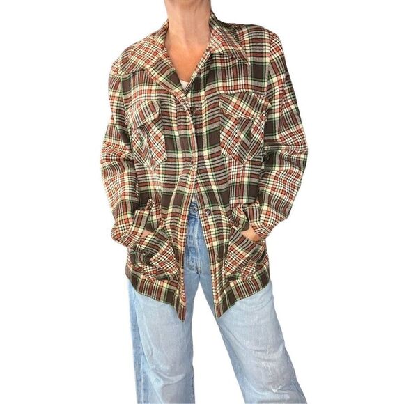 Vintage 70’s Wool Plaid Jacket/Blazer Brown/Cream/Orange/Green Fall Women’s L - Picture 1 of 16